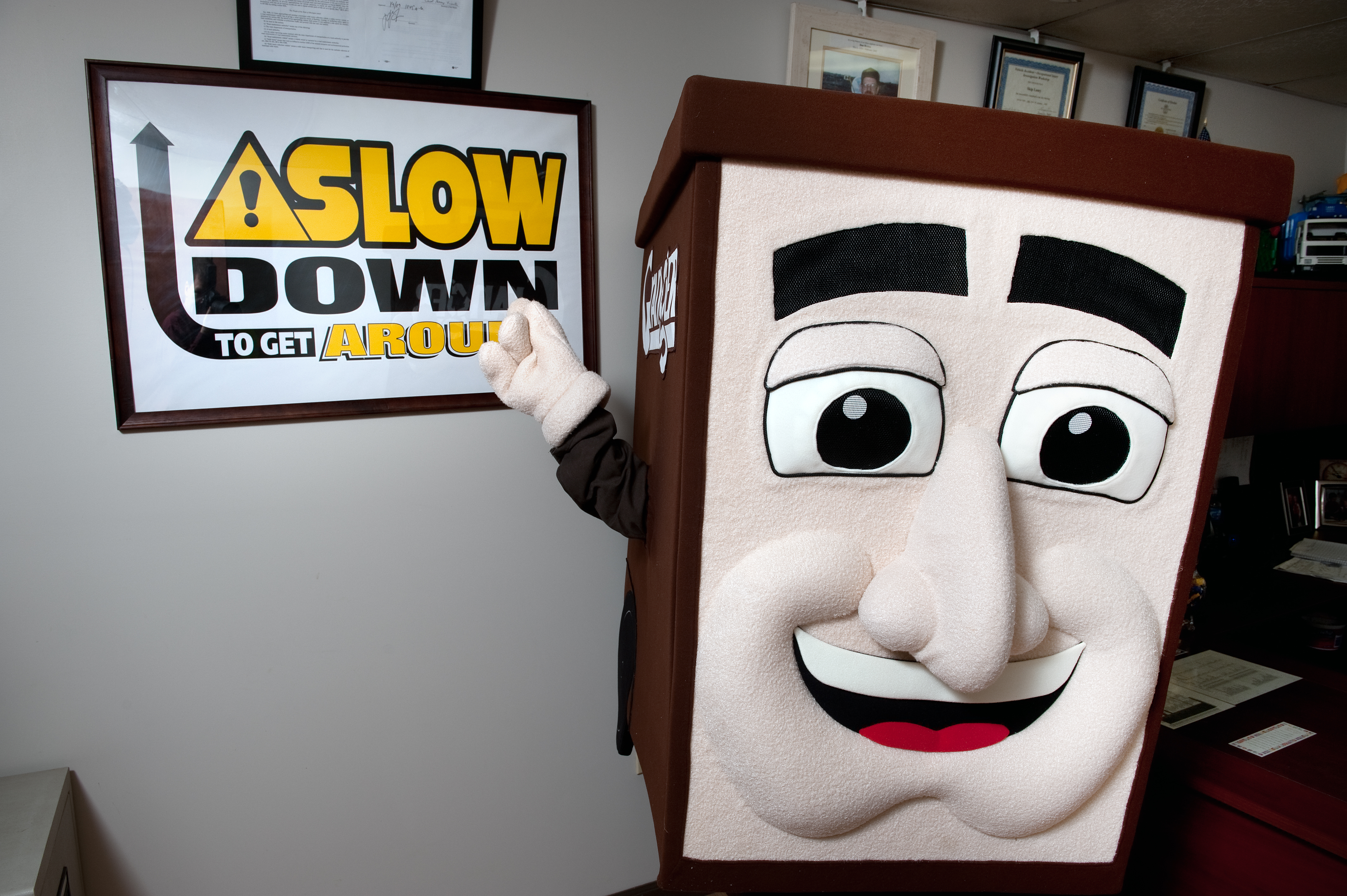 Granger mascot Captain CurbySM is encourages you to Slow Down to Get Around—it’s the law!