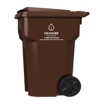 A brown curbside trash cart with wheels and a black lid embellished with Granger Waste Services logo, phone number and website address.